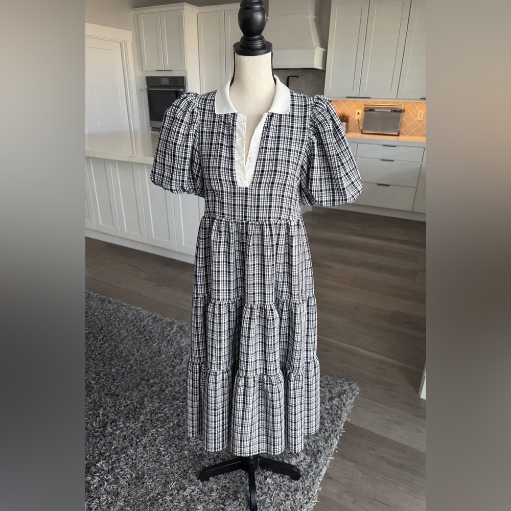 English Factory Black & White Gingham Puff Sleeve Midi Dress | Size XS